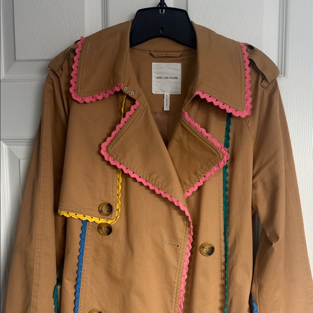 Avec Les Filles Tan Trench Coat with colorful piping - Picture 3 of 6